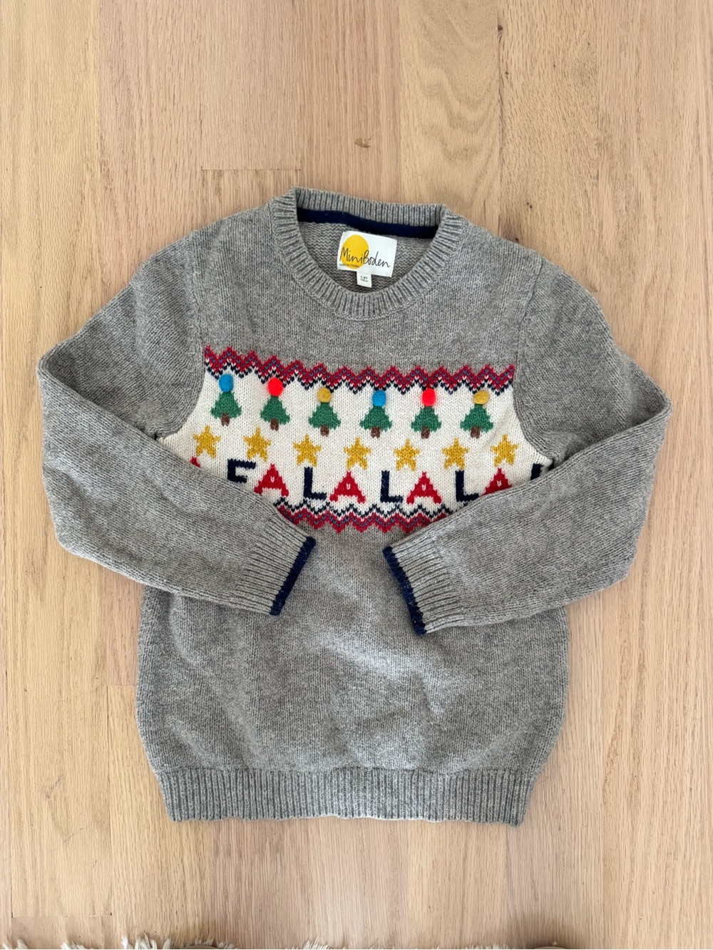 EUC Mini Boden Gray Holiday 'Fa La La' Crewneck Sweater, Size 6-7